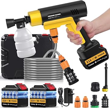 Cordless Pressure Washer, 130 Bar Portable Power pressure washer, Battery High Power Washer with 2 3.0Ah Batteries, 6 in 1 Nozzl, 5m Hose, jet pressure washers for Floor/Garden Cleaning & Watering