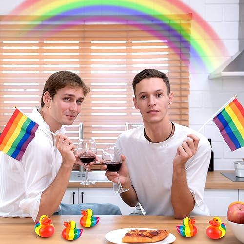 Miniatura 7 de Pato de goma arcoíris mini patitos de goma a granel, decoraciones de fiesta de arco iris, juguetes de bañera para fiesta de cumpleaños colorido arco