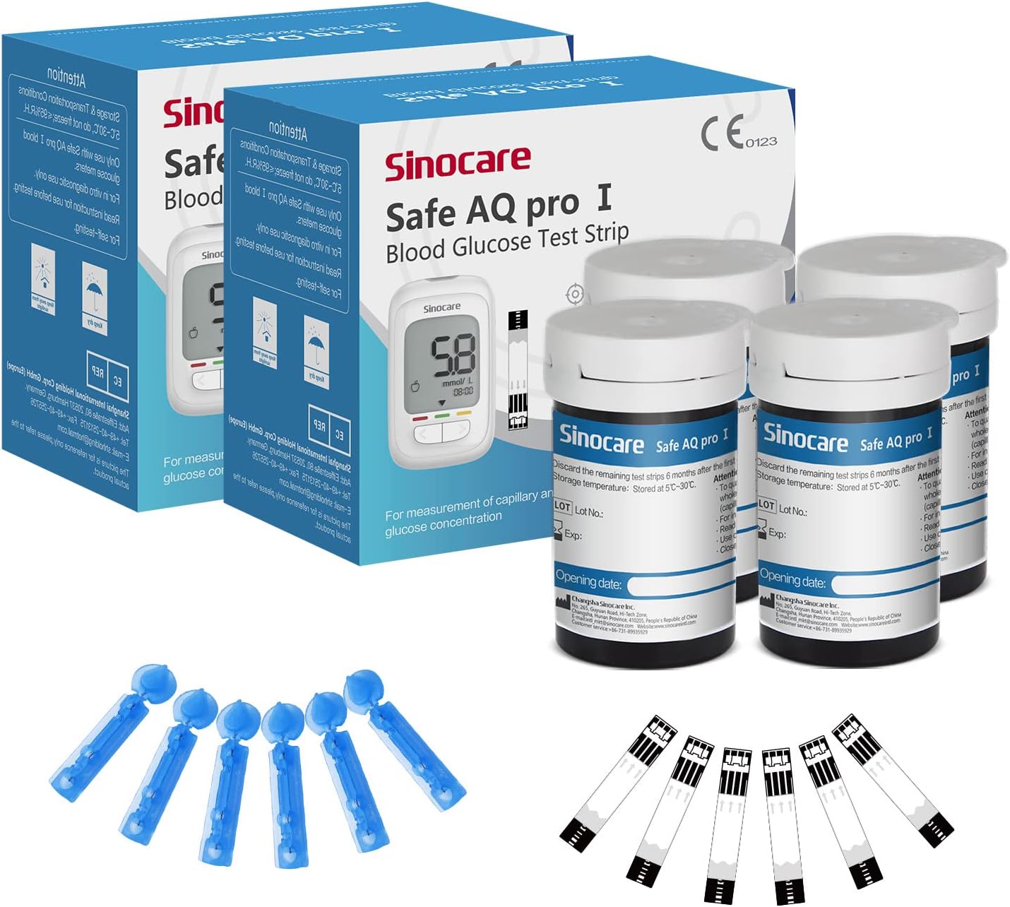 Safe AQ Pro I Blood Glucose Test Strips Only for Safe AQ Pro I Glucometer (Strips x100), with Lancing Devices × 100, Composite Silver Electrode Test Strips