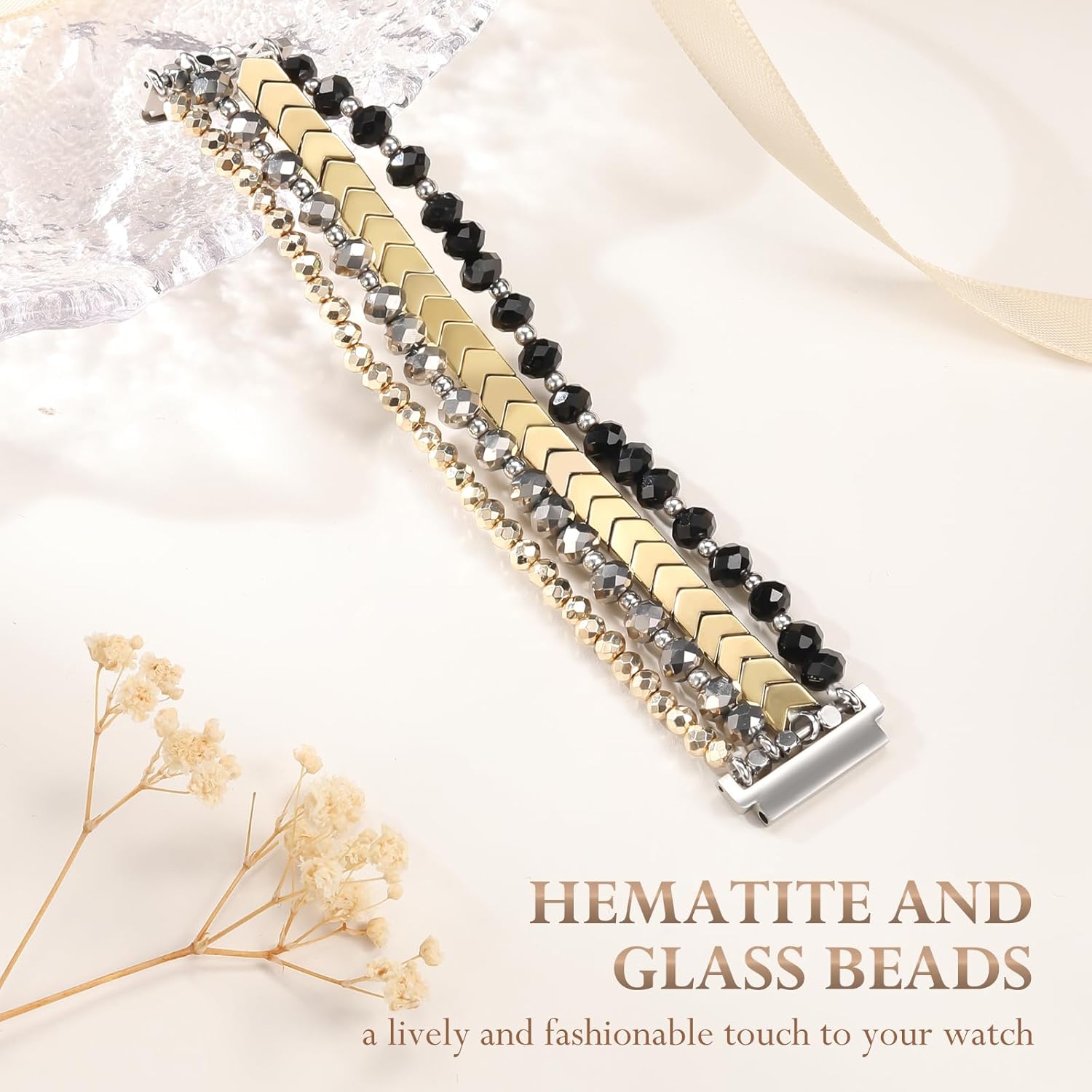 Lerobo Beaded Bracelet Band Compatible with Galaxy Watch 7/6/5/4/Active 2 40mm 44mm/Watch 4 Classic 42mm 46mm/6 Classic 43mm 47mm/5 Pro 45mm, Women Girl 20mm Handmade Fashion Stretchy Watch Band - Image 3