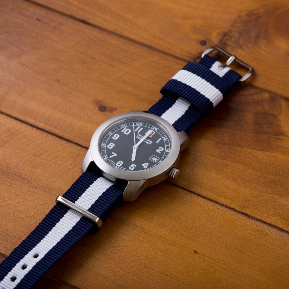 Clockwork Synergy, LLC Ladies 18mm Ballistic SS Raf Nylon Loop Navy Blue/White Watch Strap Band