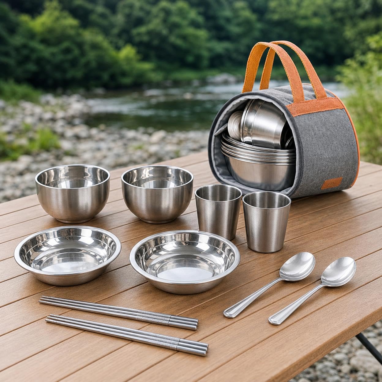 Camping Geschirr Set aus Elstahl, tragbares Outdoor Besteck Set für und Picknick, 11-teiliges Set aus Edelstahl