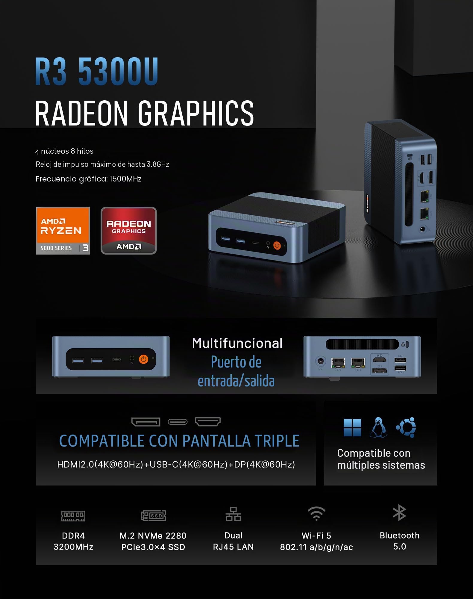 BOSGAME E5 Mini PC para hogar y Oficina, Ryzen 5300U (supera 4300U, hasta 3,8 GHz), 16 GB RAM DDR4, SSD NVMe de 1 TB, Mini PC de Escritorio, Triple Pantalla 4K, Doble LAN 2,5G, WiFi 5, BT5.0