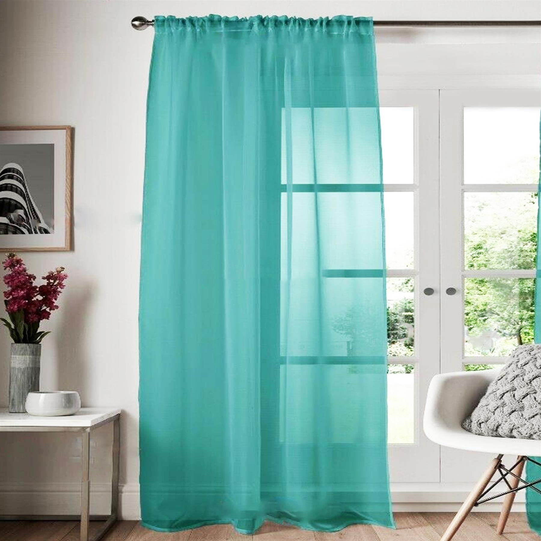 Roseley Slot Top Voile Curtain 1 Panel Mesh See Through Living Room Patio Door Drape Nursery Sheer Organza Net Curtain [Teal, W:58'' x D:54'']
