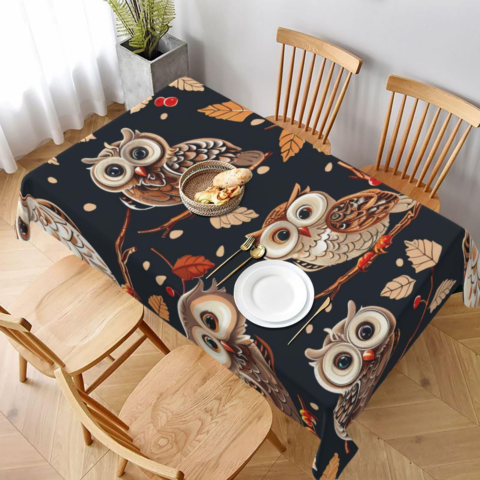 WPKJU Owls on Tree Branche Printed Tablecloth 60x90 in Water Resistant Table Cover Washable Rectangle Table Cloth for Dining Tables