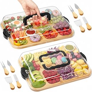LemonRoad 2 Pack Charcuterie Board with Lid and Handle, Cheese Tools with Wooden Handle Travel Portable Bamboo Cheese Board Charcuterie Boxes Cutting Boards for Housewarming, Kitchen, 6 Compartments