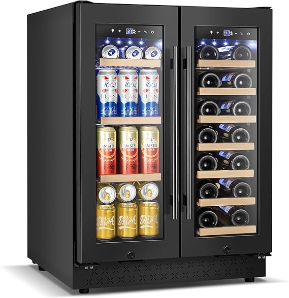 Wine and Beverage Refrigerator with Glass Door, 24-Inch Dual Zone Wine Fridge Under-Counter,4.6 Cu.Ft. 65 Cans and 20 Bottles Wine Cooler,Built-in or Freestanding Wine and Drink Fridge with Blue Light