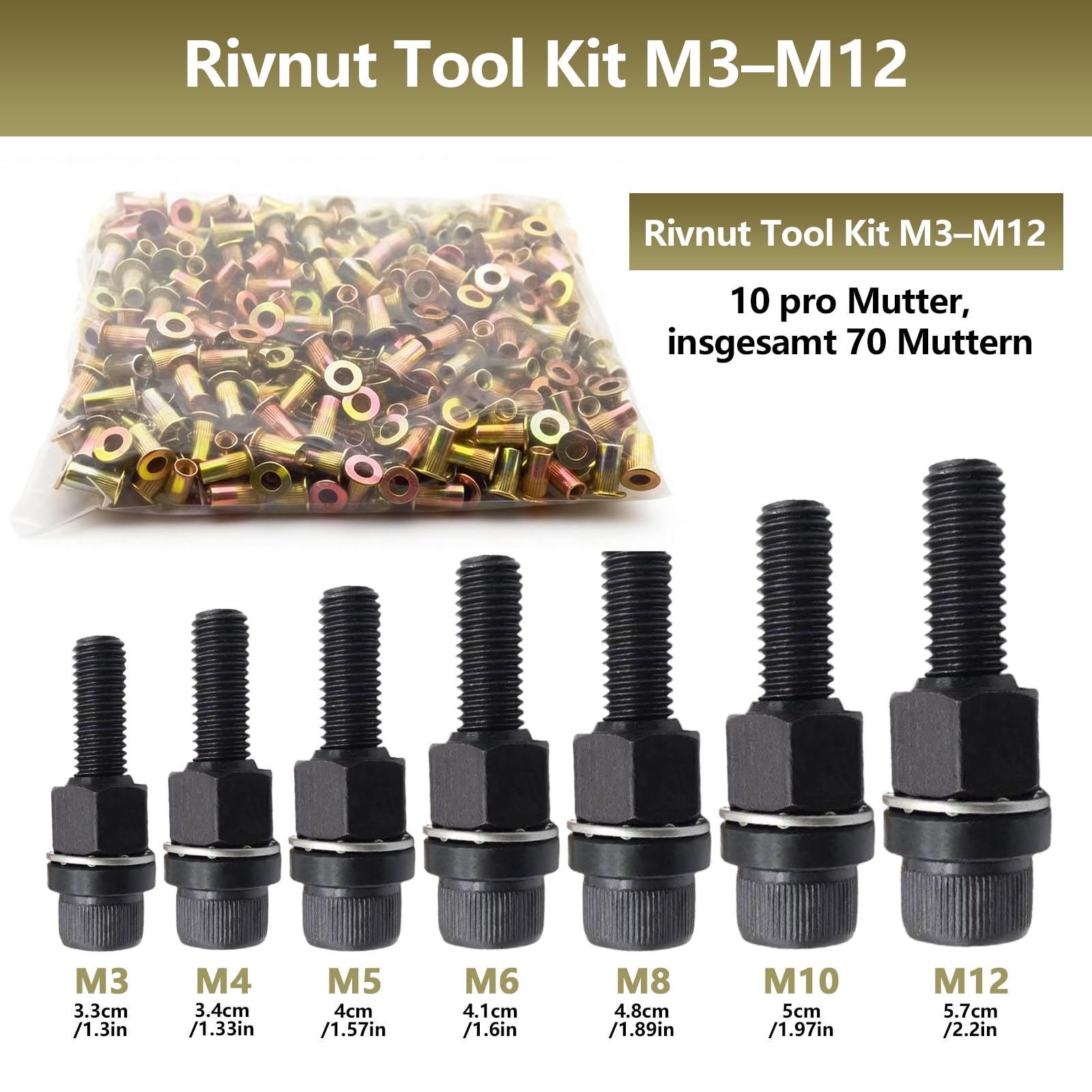7 piezas de juego de alicates para tuercas de remache Set M3, M4, M5, M6, M8, M10, M12 – Alicate para tuercas de remache con tuercas y tuercas de prensado, kit de herramientas para tuercas rivet/juego