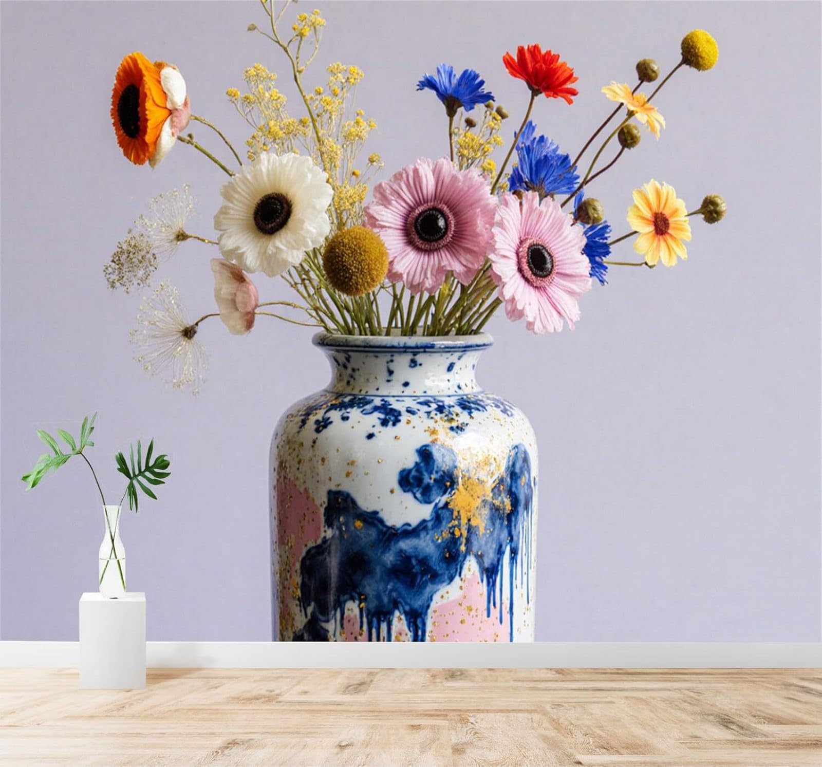 Tzxztt 400Cm×280Cm(B×H) Three Dimensional Art Ceramic Vase Colourful Wildflowers Vibrant Plants Modern 3D Wallpaper Premium Textured Silk Neutral Tones Material Ideal For Living Room Bedroom-400Cm×280Cm