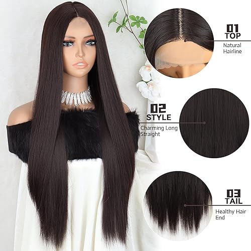 Miniatura 3 de Xinran Pelucas largas y rectas de color marrón oscuro para mujer, aspecto natural, uso diario, fiesta, peluca completa de 30 pulgadas (marrón oscuro)