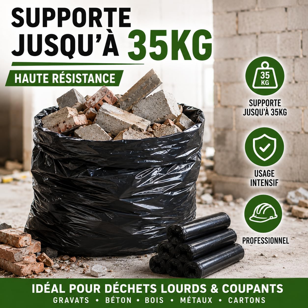 Bolsa de basura reforzada 150L | 50 bolsas ultra resistentes PEBD | Capacidad 35kg | Bolsa profesional antifugas y antidesgarros | Residuos pesados y cortantes | Trabajos, Oficinas, Comercios