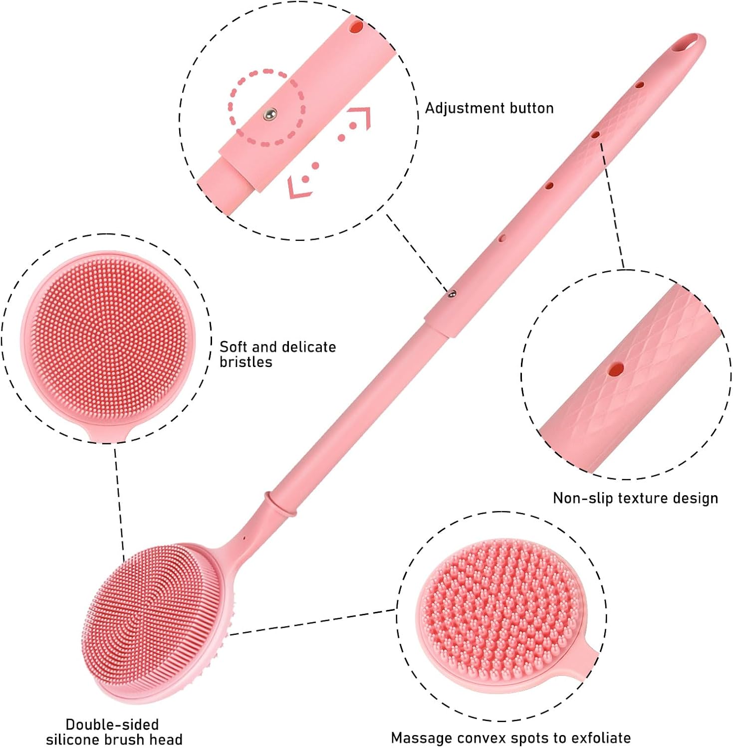 OZNER 24 Inches Silicone Back Scrubber for Shower - Extendable Long Handle Shower Brush with Dual-Sided Bristles - Exfoliating Body Scrubber for Sensitive Skin - Perfect for Men & Women (Pink)
