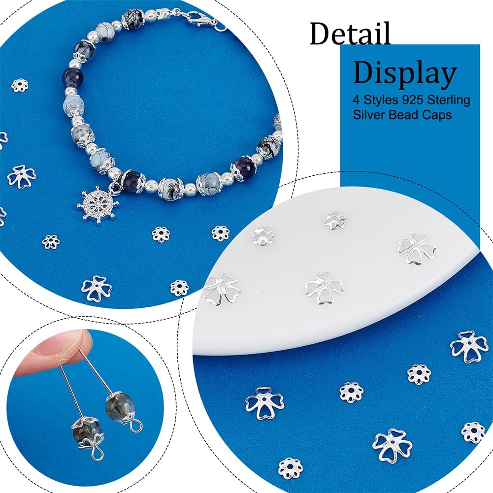 PH PandaHall 48pcs 925 Sterling Silver Bead Caps, 4 Styles Flower Bead End Caps 5~8mm Multi-Petal Spacer Beads Caps Filigree End Charm Caps Bails for DIY Earring Braceket Necklace Jewelry Making
