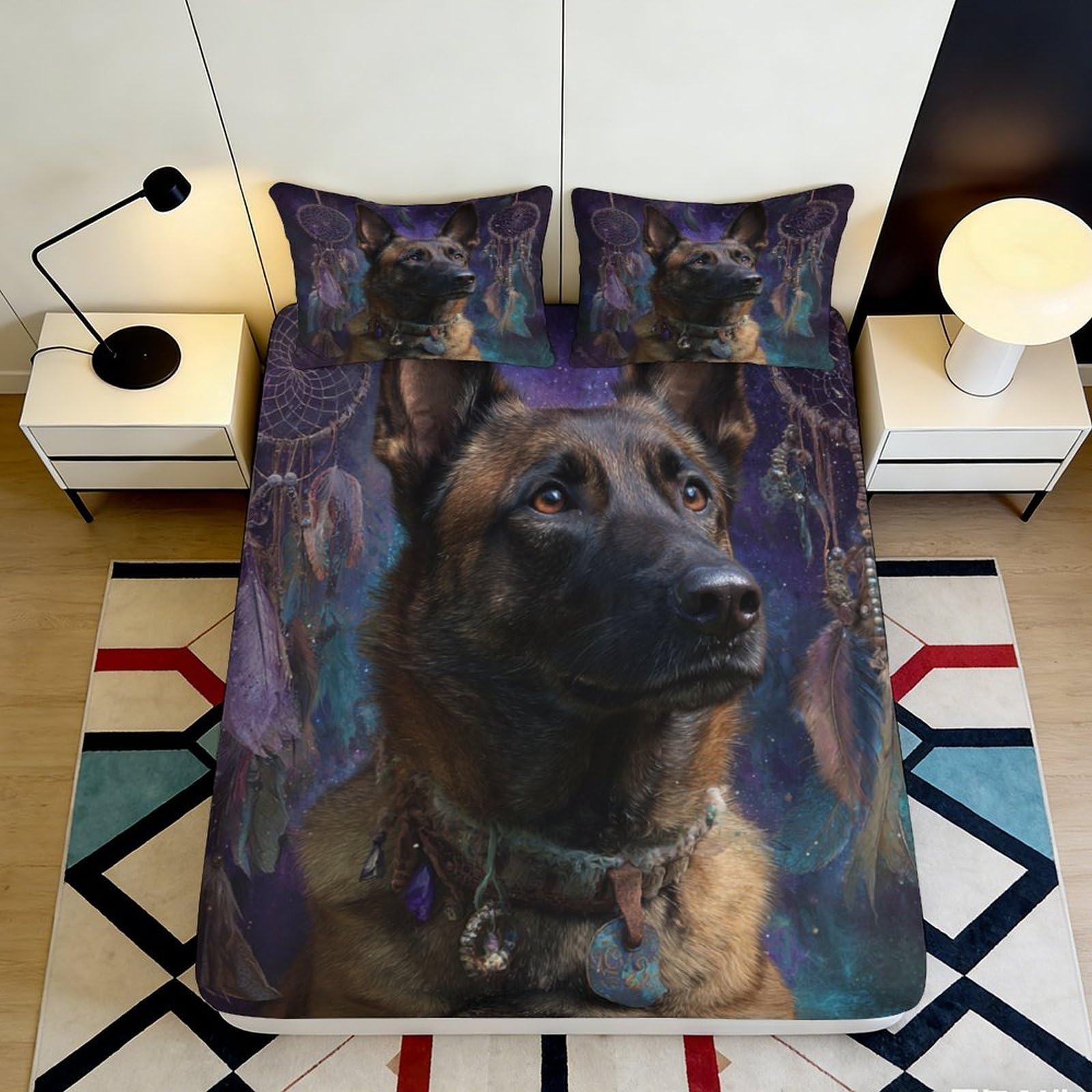 3D Printed Dreamcatcher Dog Fitted Sheet Microfiber Soft Durable Mystic Night Bed Cover for Bedroom Dormitory Guest Room Mattress Protection 180x200x25cm