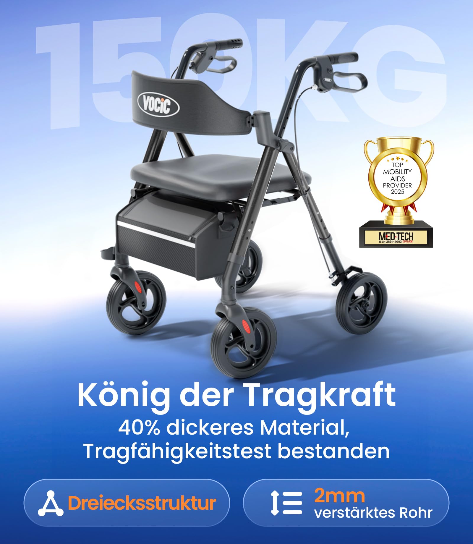VOCIC Rollator Faltbar und Leicht mit Sitz,Rollatoren Schmal für Wohnung,Rollatoren für Senioren Klappbar mit 20cm Reifen für All Gelände,Sitz und Griff Höhenverstellbar,5 Jahre Support|Schwarz