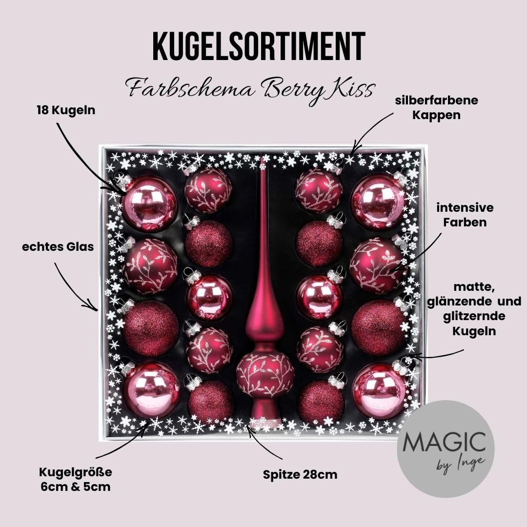 MAGIC Kugelsortiment Glas Dekor 19 TLG. mit Spitze Christbaumkugeln Christbaumschmuck Tannenbaum Deko Weihnachten Weihnachtskugeln Farbe: Berry Kiss Beere Glanz matt
