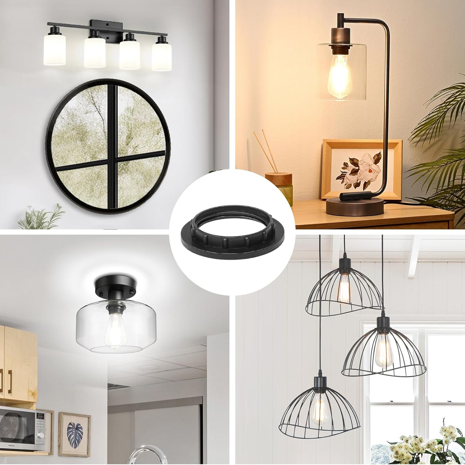 Ascher Lamp Shade Rings 2Pcs, Socket Ring for Medium Base E26 Sockets, Retaining Rings for Glass Lamp Shades/Light Fixtures, Black