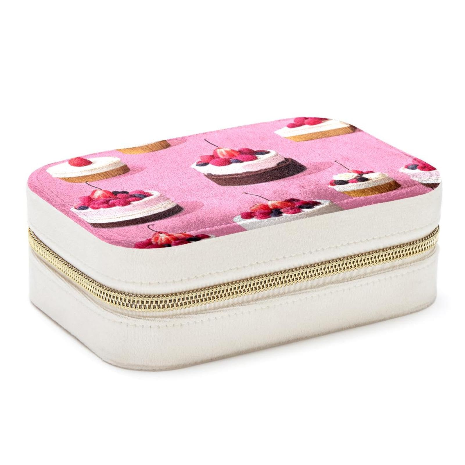 Boîte à bijoux double couche pour femme et fille, grand format à motif dessert rose.