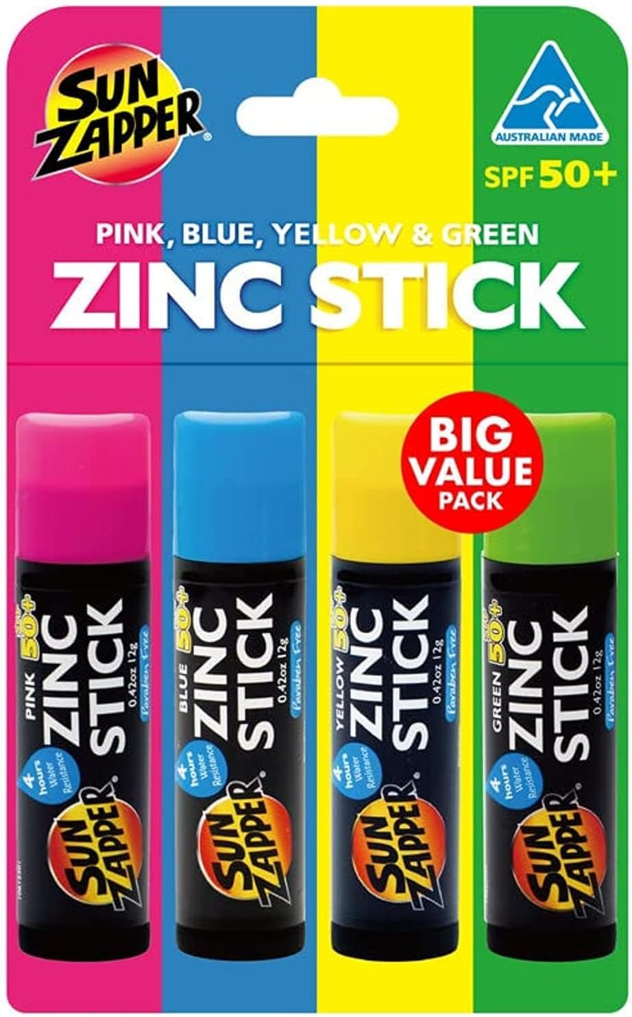 Zinc Oxide Mineral Sunscreen Stick – SPF 50+ Water Resistant – 4-Pack (Pink, Blue, Green, Yellow) Rainbow Pack – For Face & Body – Made in Australia