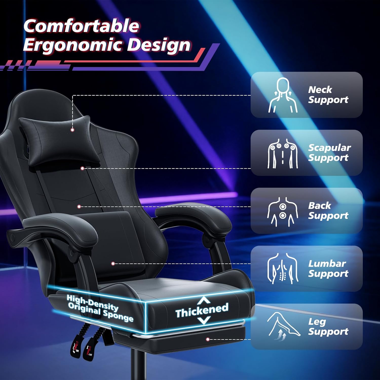 Image illustrating the ergonomic design of the chair, highlighting neck, scapular, back, lumbar, and leg support with high-density original sponge and thickened cushioning.