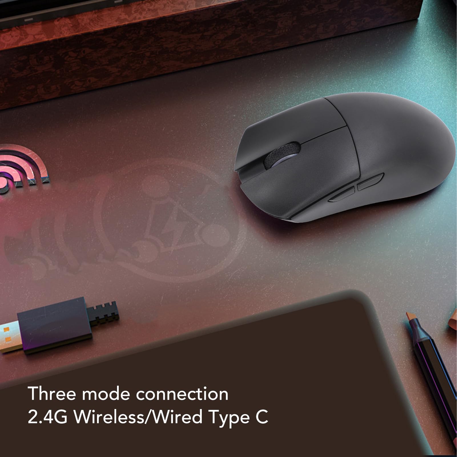 Vikye Mouse da Gioco Wireless 26000 DPI Tri Mode 2.4G USB C Sensore Ottico Mouse da Gioco Leggero per PC Portatile
