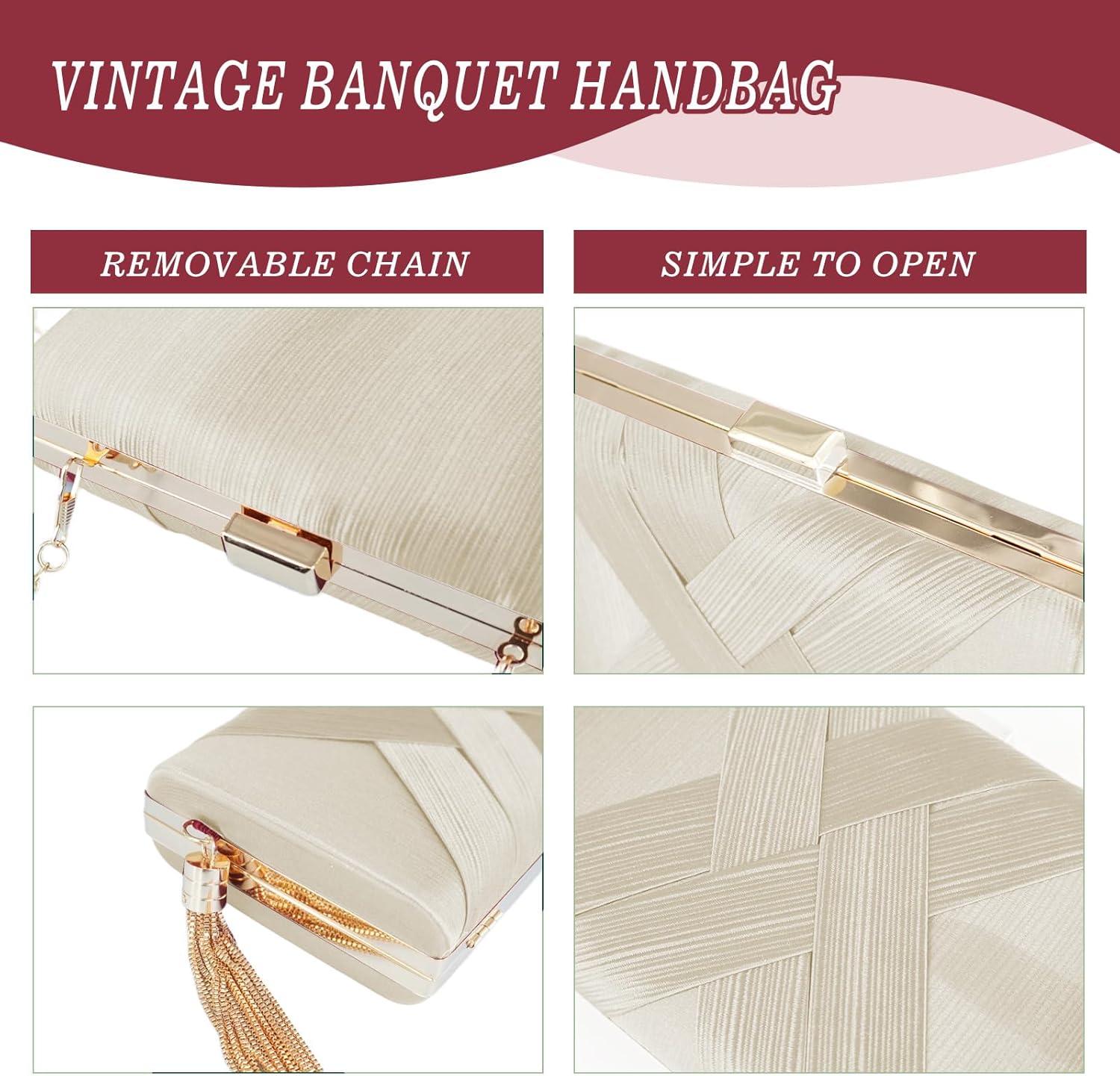 5 Pcs Clutch Purses for Women Jewelry Set Handbag with Necklace Earrings Ring Bracelet Vintage Banquet Handbag with Detachable Chain for Wedding Party Gift Supplies