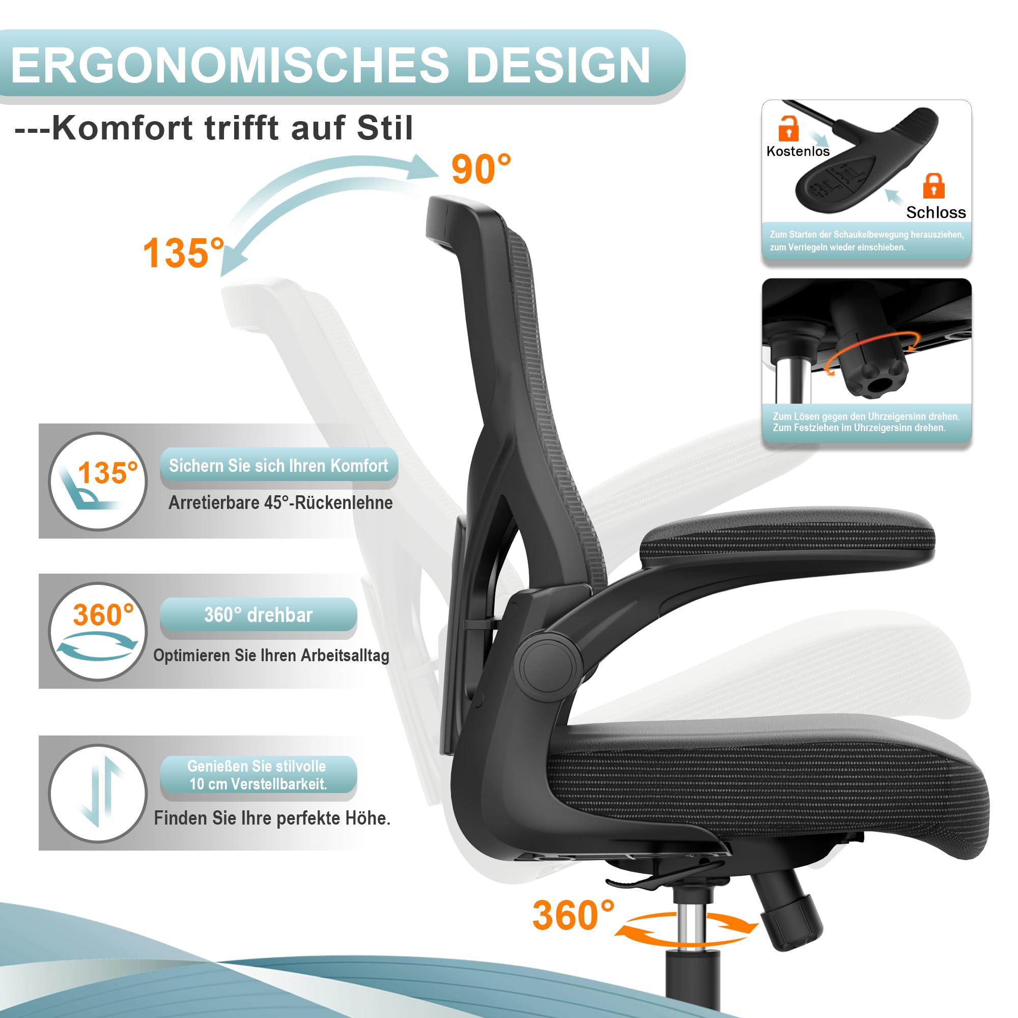 CYKOV Homeoffice Bürostuhl Ergonomisch Klappbare Armlehne Wasserfallsitz | S-Kurve Wirbelsäulenstütze, 4-fach Arretierung 90°-135°, SGS-zertifiziert 150kg Tragkraft, Lendenwirbelstütze verstellbar