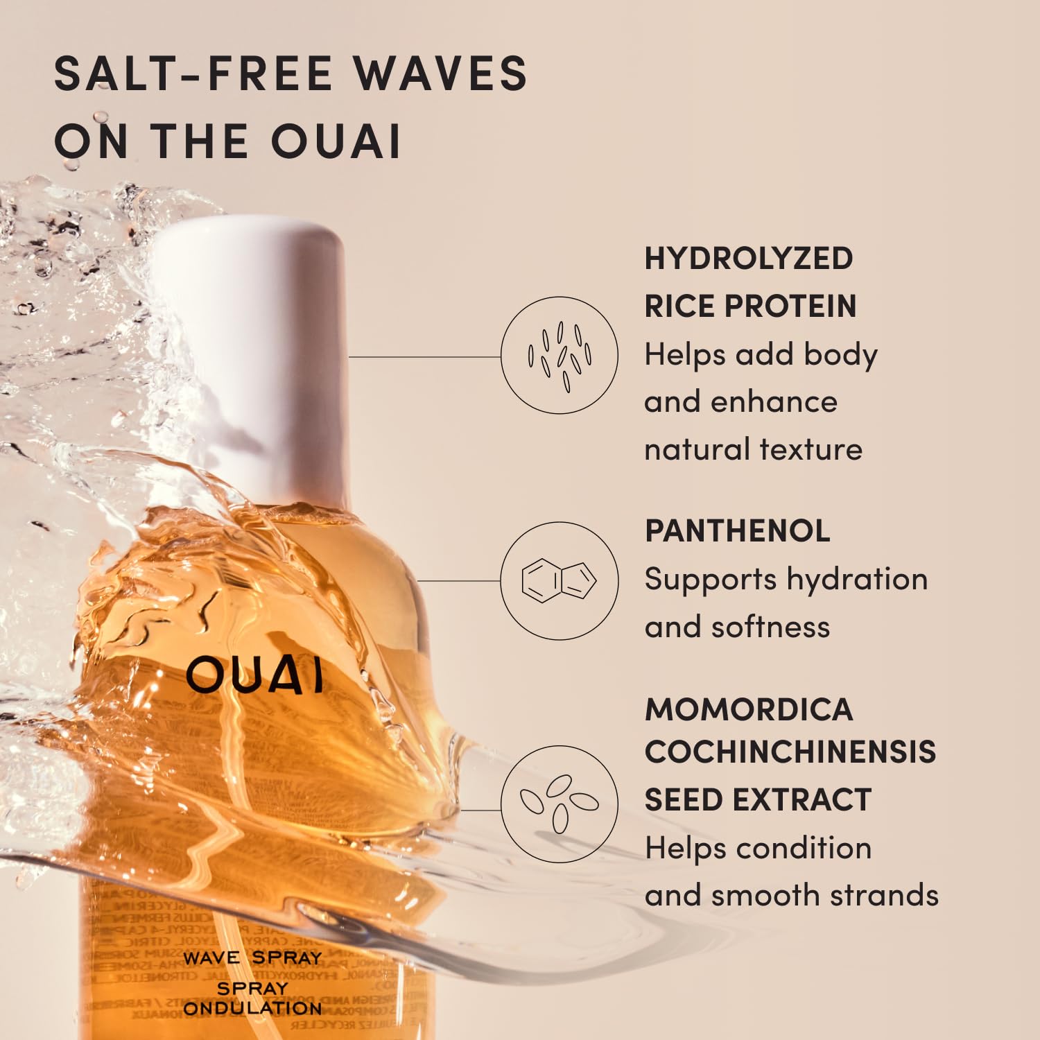 OUAI Wave Spray - Spray texturizzante per capelli con olio di cocco e proteine del riso - Aggiunge texture, volume e lucentezza per onde da spiaggia - Senza parabeni, sicuro per capelli colorati e