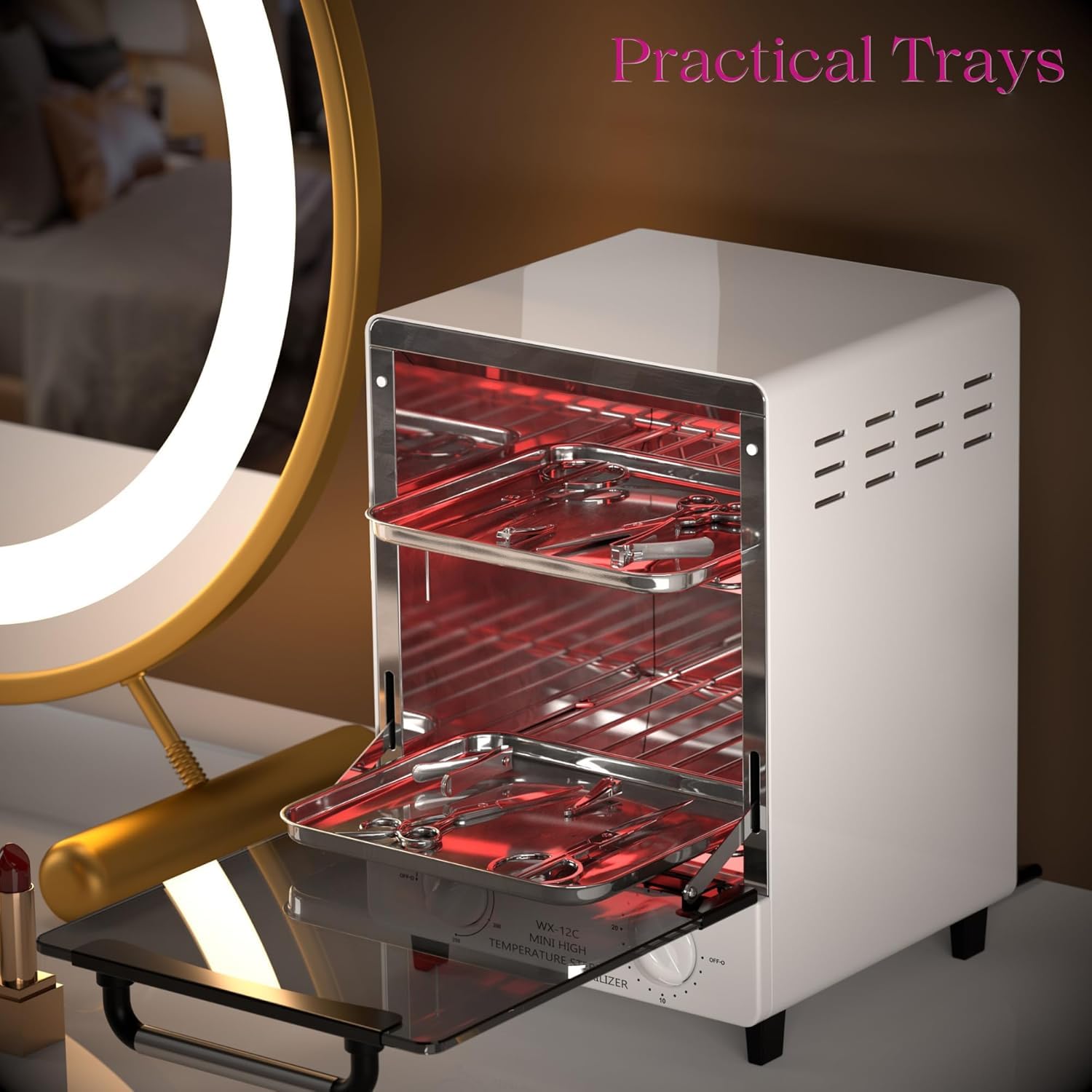 Sterilizzatore per Strumenti di Manicure, Scatola di Asciugatura Multifunzionale con Controllo della Temperatura, Timer 2 Vassoi in Acciaio Inox per Salone di Manicure 1000W