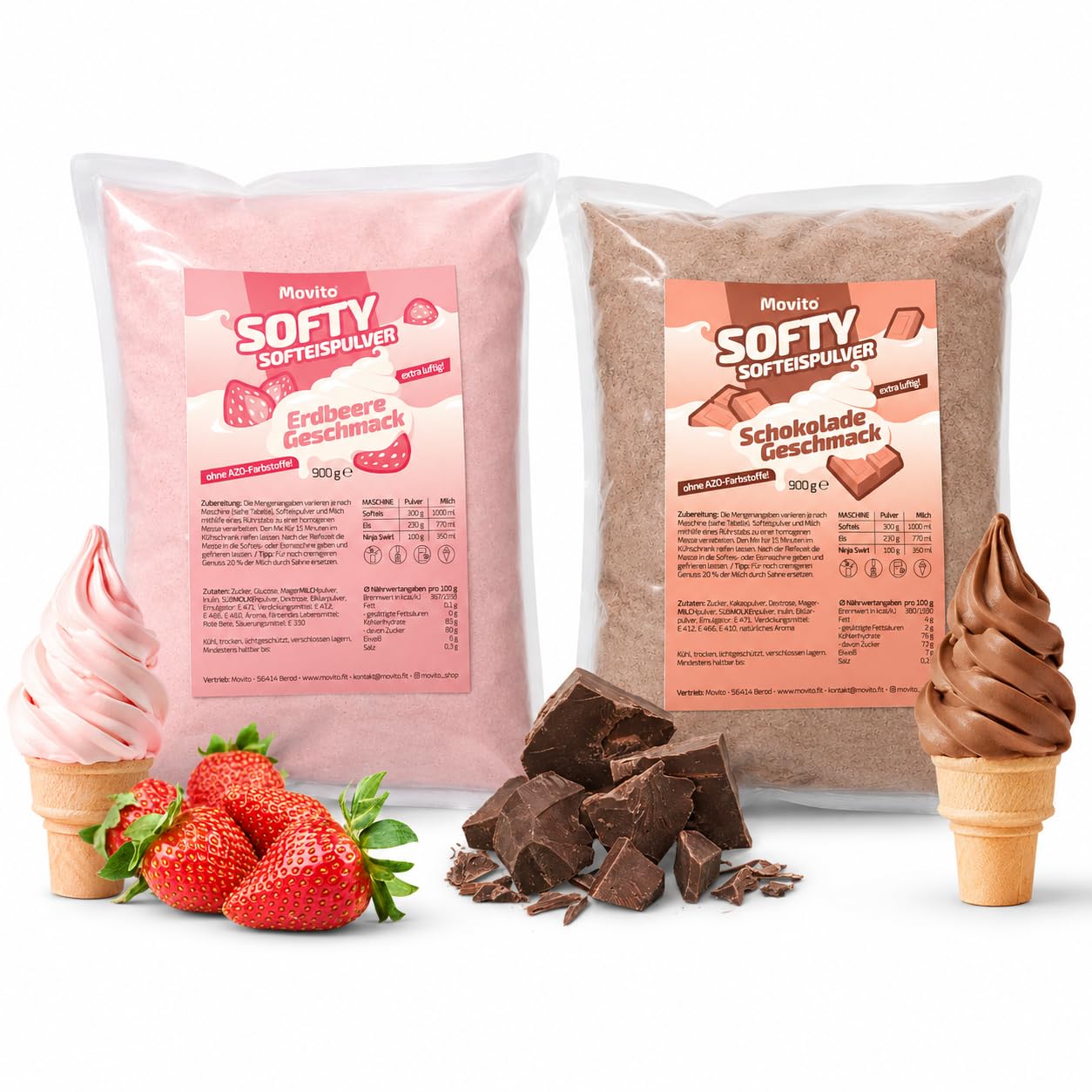 Softeispulver Set Erdbeere & Schokolade | 2 x 900 g | Bis zu 8 L | Bis 8 Liter, 2 Sorten im Set, 900 g pro Packung