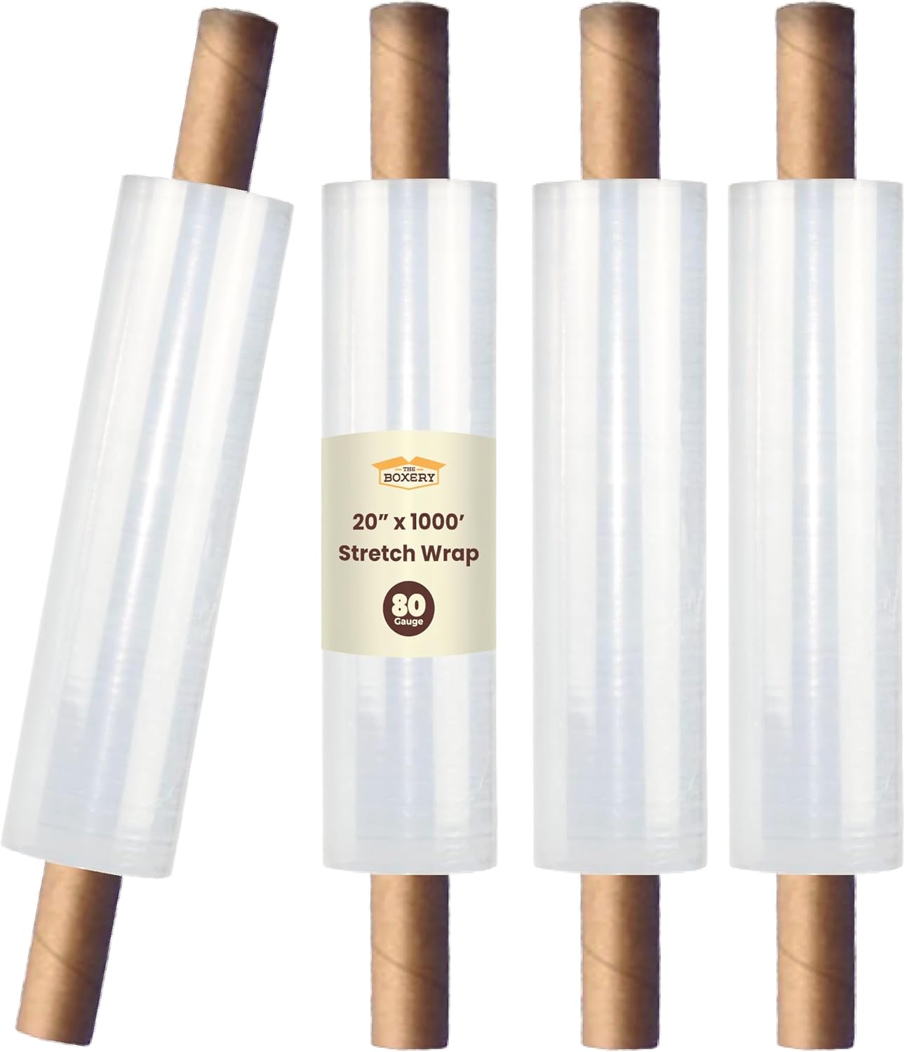 The Boxery 20" x 1000' -4 Rolls (4000ft Total) Cast Stretch Wrap with Handles – 80 Gauge Clear Film – Extended Core Hand Wrap for Smooth, Quiet, Heavy-Duty Wrapping