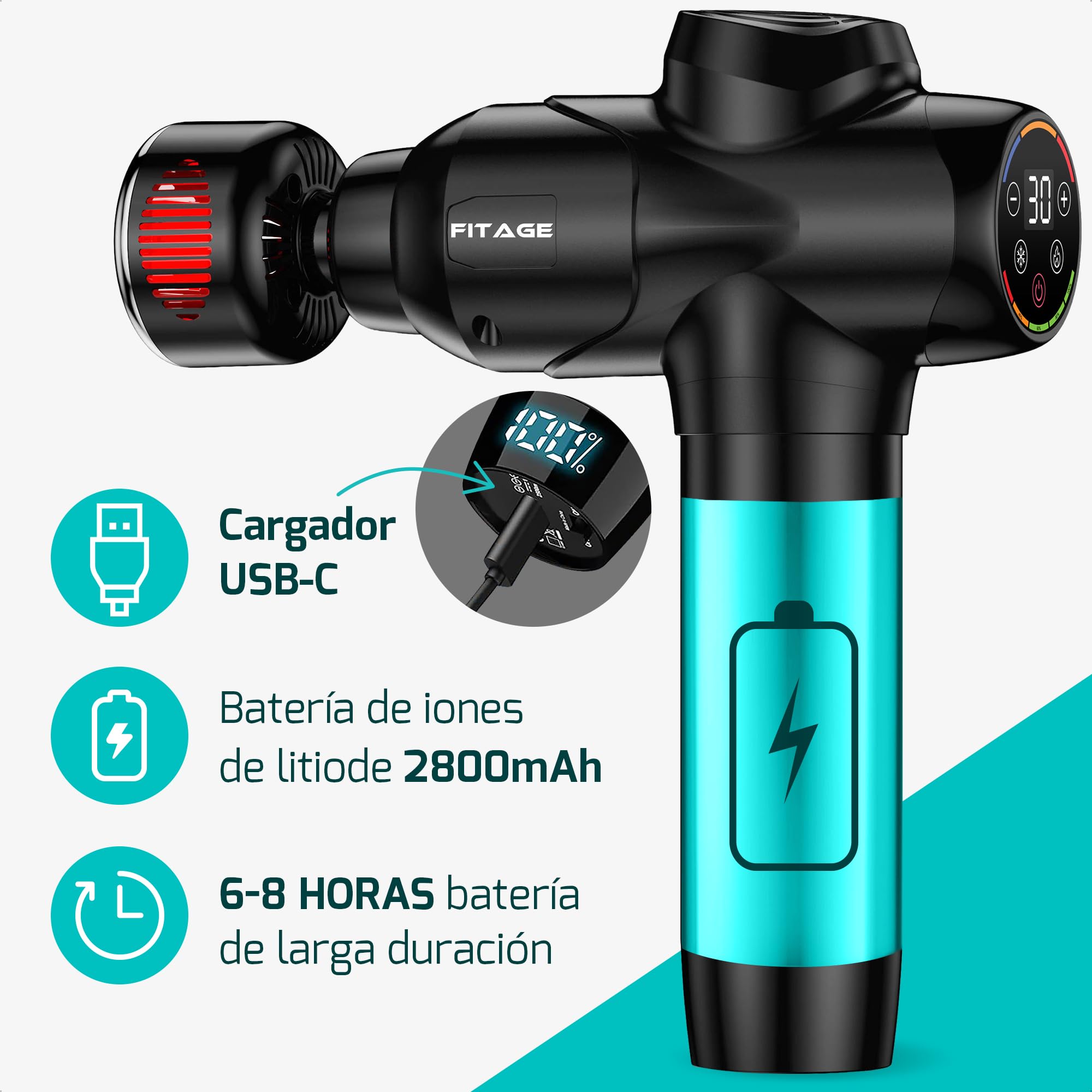 FITAGE Pistola de Masaje Muscular– Masajeador Profesional con 30 Niveles de Velocidad y 8 Cabezales para Relajación Profunda y Recuperación Muscular- Premium