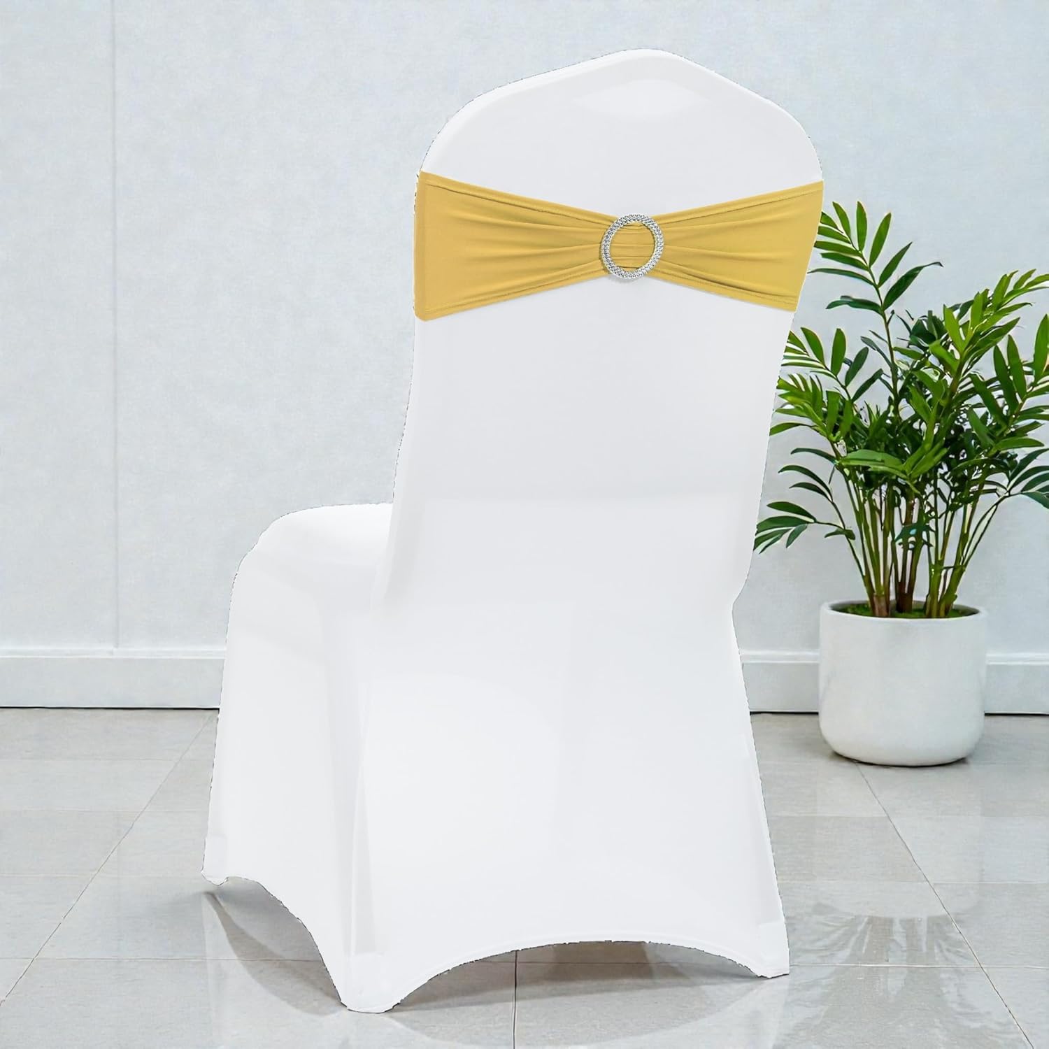 MDS-MEGADECORSUPPLY Chair Sashes, Pack of 100 Gold, Spandex, Stretch Chair Cover Bands with Buckle Slider for Wedding and Events Decoration