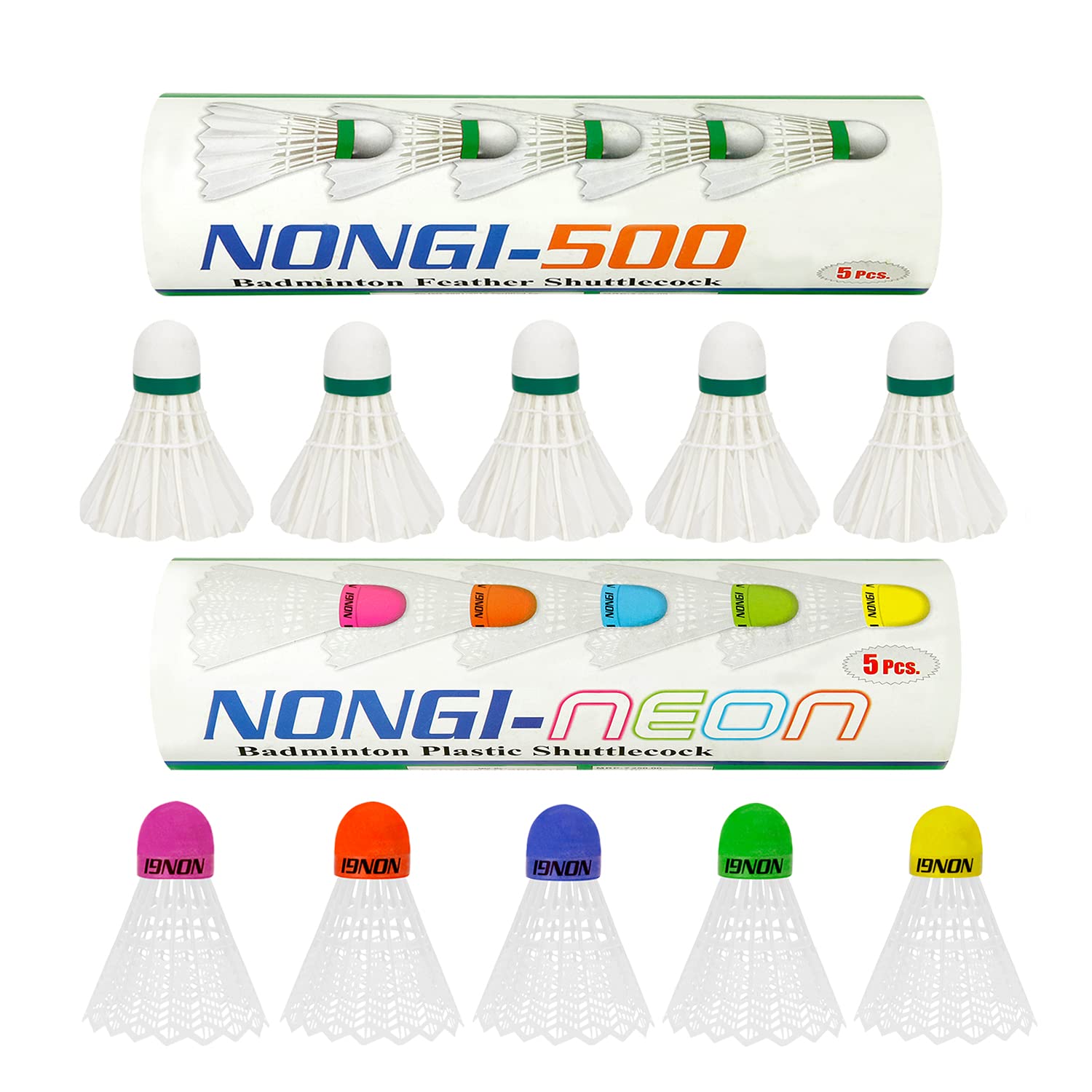 Nongi Neon Combo Pack of 10 Shuttlecocks (5 Multicolored Cork Plastic), 500(5 White Feather) for Outdoor Indoor Sports-image-15