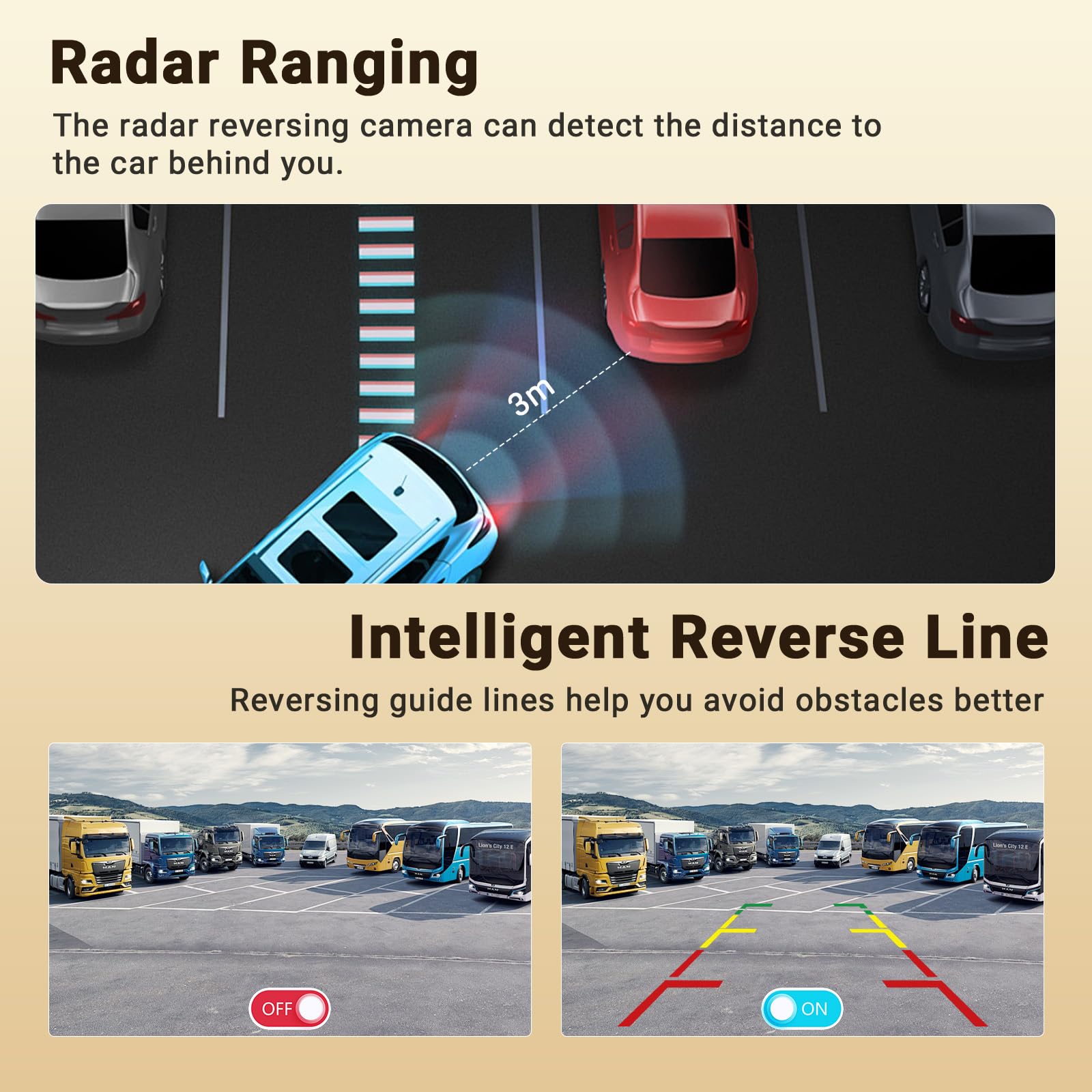 Hikity Caméra de Recul Radar 7 Pouces Moniteur avec Vision Nocturne/Lignes d'Aide au Recul pour Tous Les Modèles de Véhicules Alimentation Via Allume-Cigare 12V