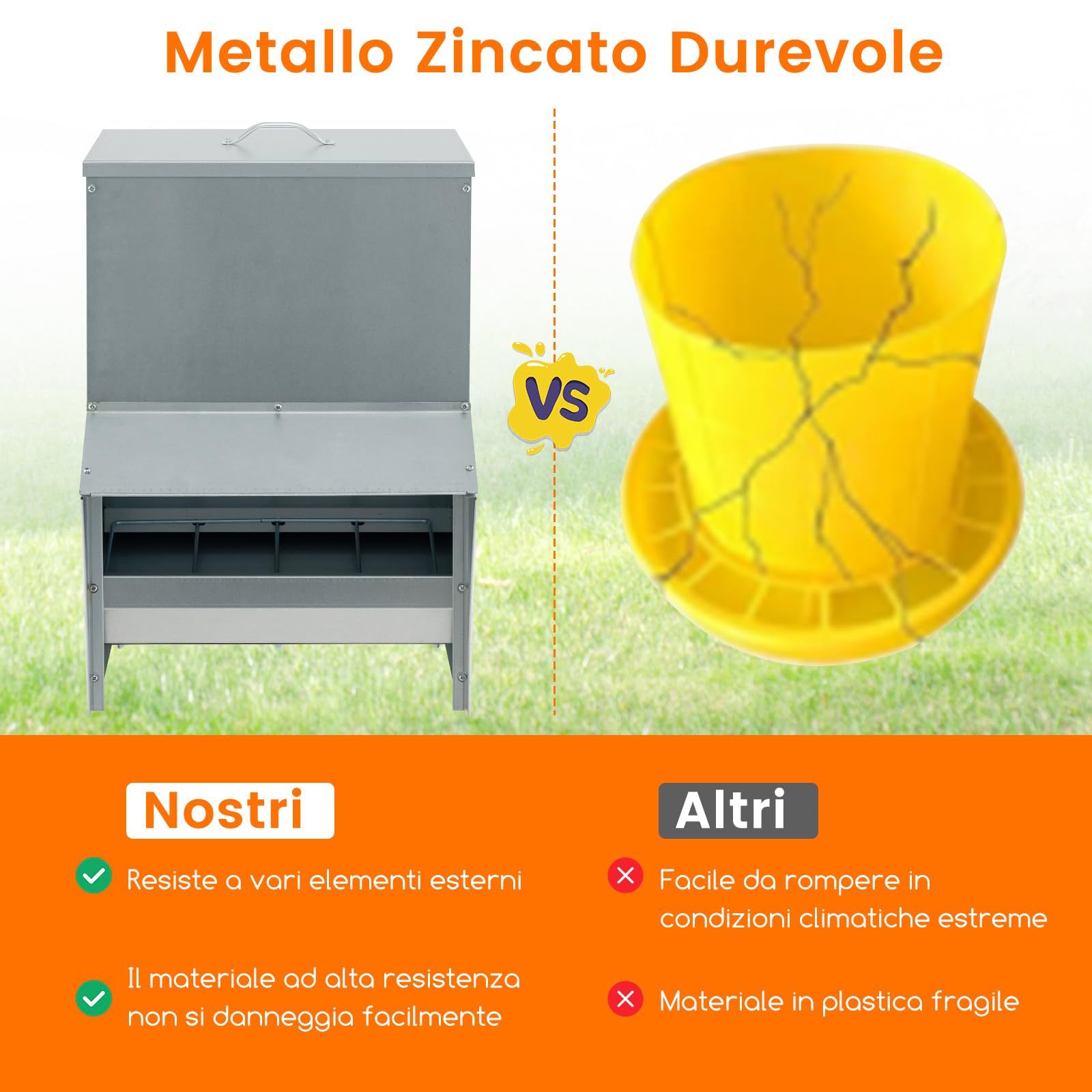 COSTWAY Mangiatore per Galline da 22kg in Acciaio Zincato, Mangiatoia Automatica a Muro con Coperchio, Forniture Agricole per Polli, Anatre, Tacchini e Oche, 35 x 35 x 55 cm