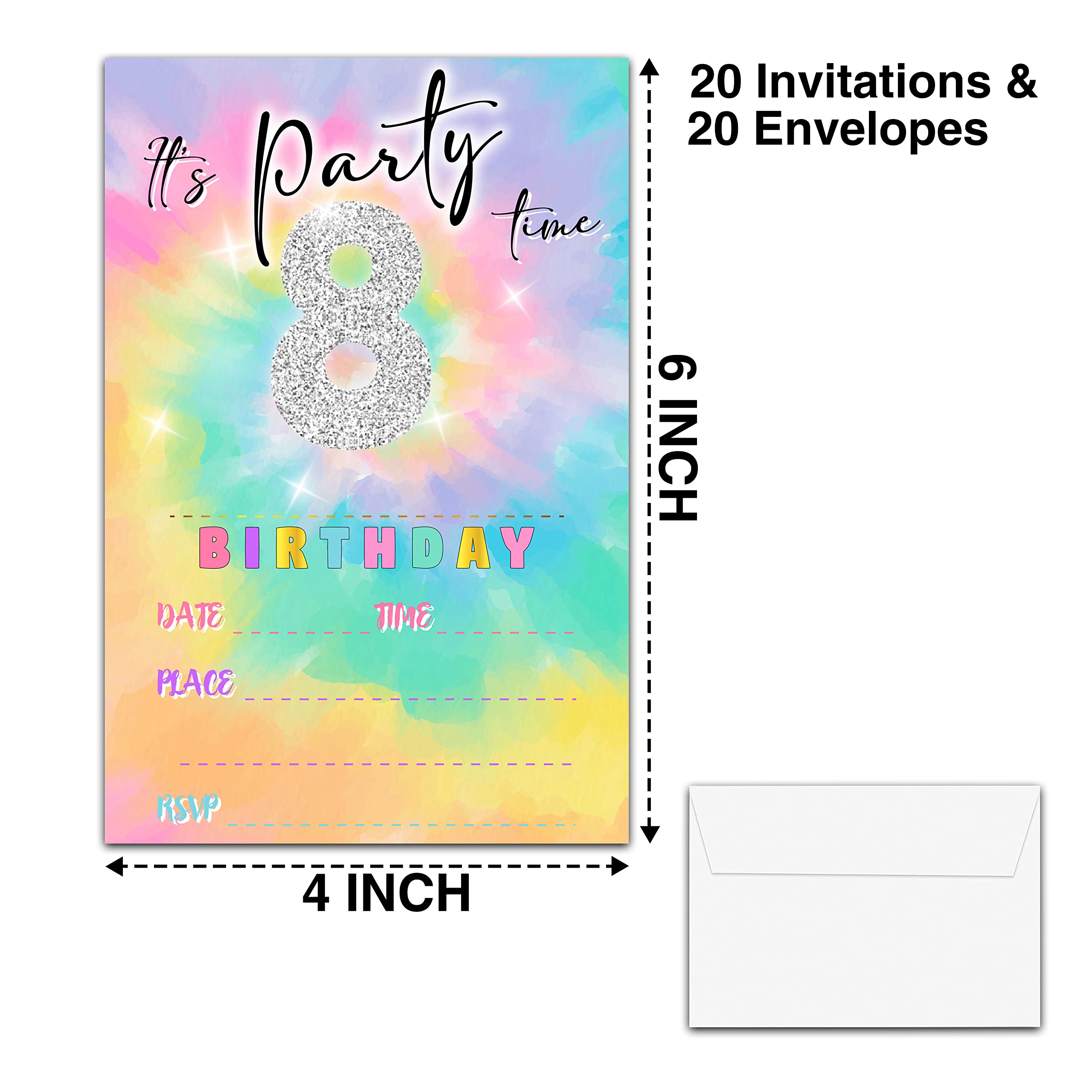 YSTEP Tie Dye 8th Birthday Party Invitations, 20 Invite Cards with Envelopes, 4