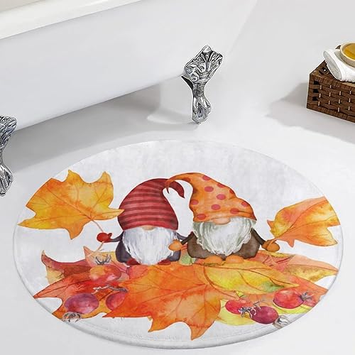 Miniatura 4 de Round Area Rugs 3Ft Autumn Gnomes Couple Play Room Mat Non-Slip Yellow Maple Leaves Floor Mats Soft Absorbent Carpet Decor for Living Room Bedroom