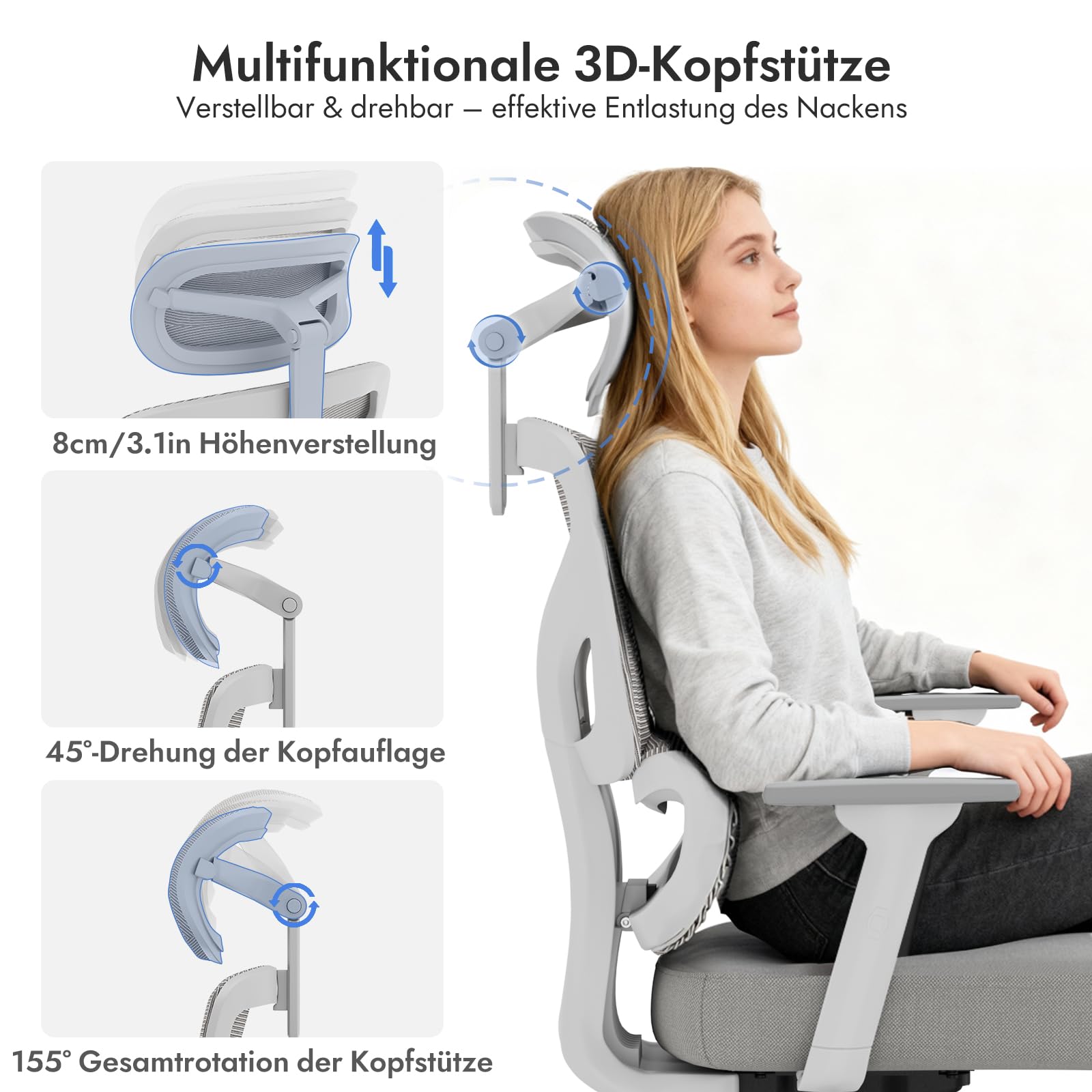 Bürostuhl Ergonomisch, Schreibtischstuhl mit 3D Armlehnen, Grau