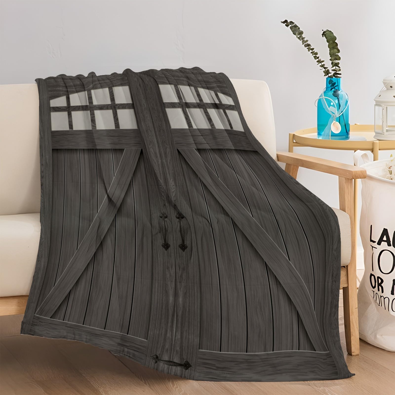 Manta de forro polar retro con puerta de madera, 220 x 240 cm, mullida, suave, cálida, acogedora, manta de viaje para dormitorio, sala de estar, oficina