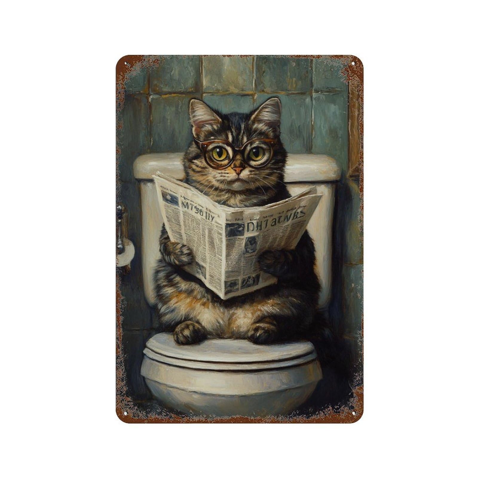 Garage Style Cat Reading Newspaper on Toilet-6 Weathered Tin Sign 11.8"x7.9", Shabby Chic Decor for Bar And Workshop