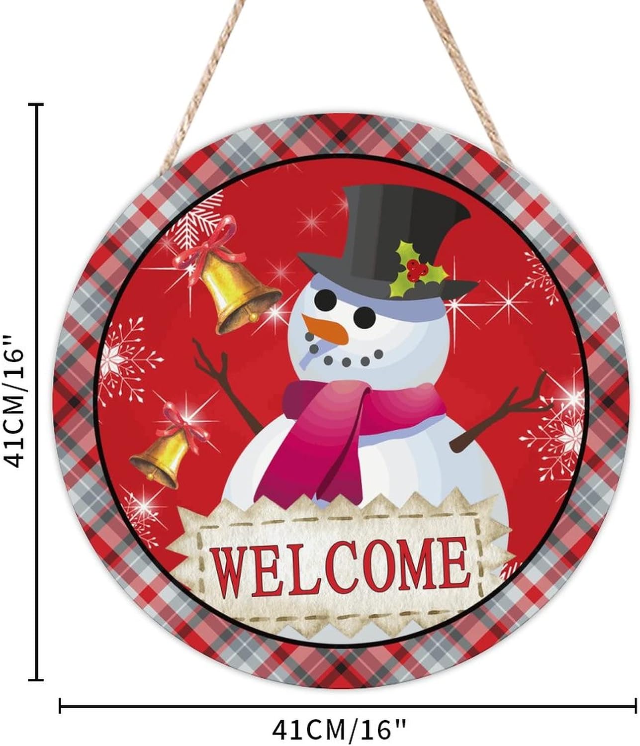 Snowman Welcome Wood Door Sign, Winter Front Door Round Welcome Wood Sign, 16x16in Snowflake Welcome Wall Door Hanging Sign for Backyard Front Porch Farmhouse Front Door Decor