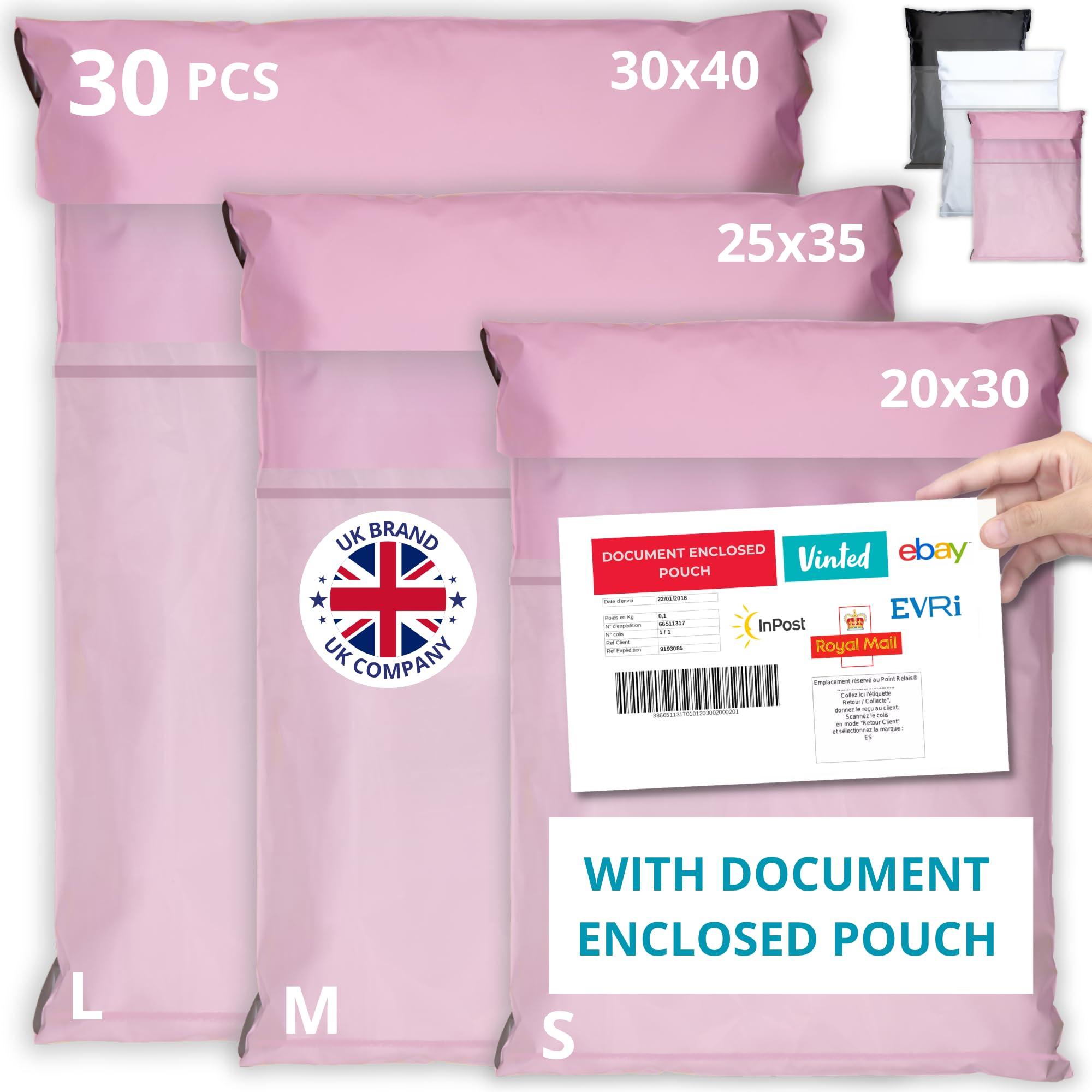 30 Postage Bags for Clothes Vinted with Label Pouch – 3 Sizes S/M/L – Waterproof, Tear-Proof Plastic Mailing Parcel Bags – Strong Durable Self-Seal Shipping Packaging for Online Sellers & Vinted Users
