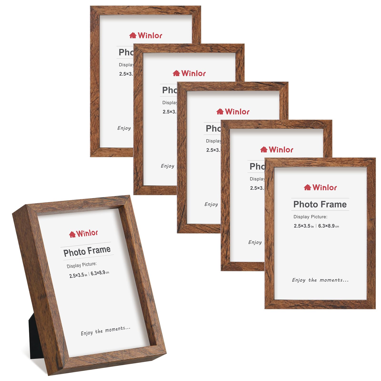 Winlor 2.5x3.5 Picture Frames 6 Pack, Real Glass Wallet Size Mini Photo Frame for Desk Tabletop or Wall Hanging, Small Polaroid Instax Film Display, Nursery Room Aesthetics Office Decor, Coffee