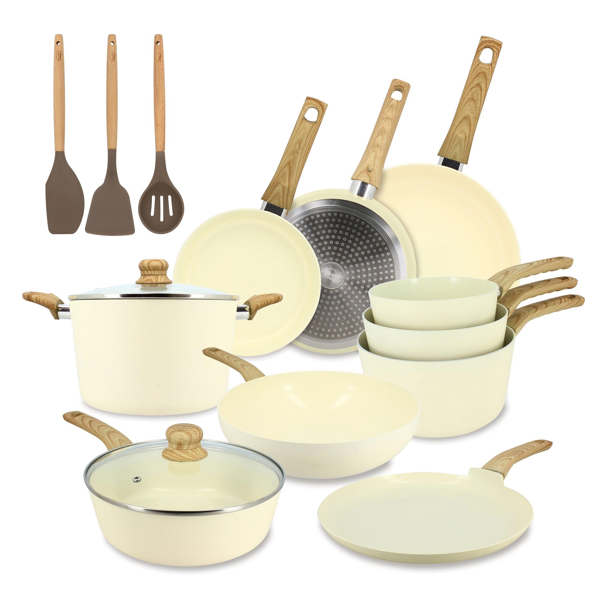 MENASTYL - Batterie de cuisine 13 pièces avec revêtement antiadhésif céramique (Sans PFAS/Sans PTFE) tous feux dont induction - En Aluminium - Gamme Colorama - Crème - 6014028