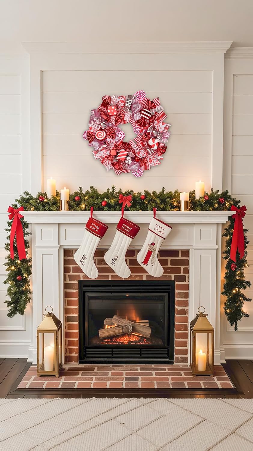 20" Christmas Wreath with Candy Themed for Front Door Decorations, Christmas Door Wreath with Red & Pink Bow, Candy Canes for Home Wall Indoor Outdoor Xmas Decor