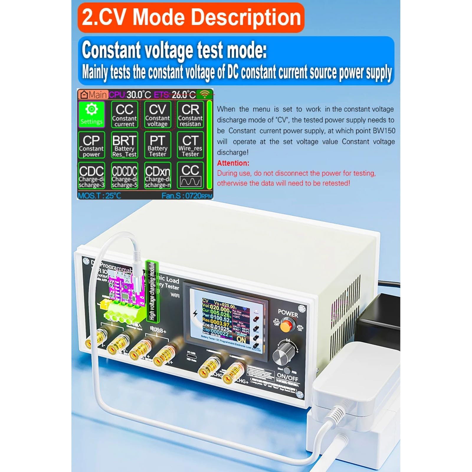 Monitor de capacidad de batería Medidor de carga electrónico de precisión con pantalla para batería de litio y ácido Probador de carga electrónico programable WiFi para prueba de capacidad de