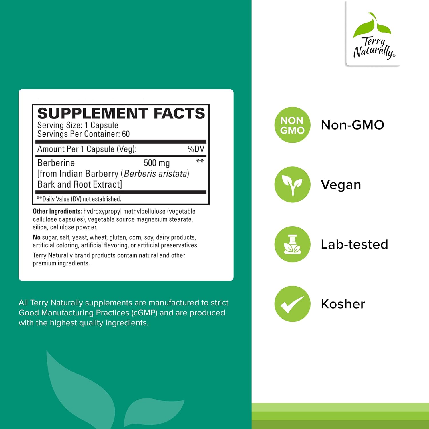 Terry Naturally Berberine - Dietary Supplement with Berberine - Liver Health Supplement for Metabolism Support - Joint Health Support for Men & Women - 60 Capsules (Pack of 2)