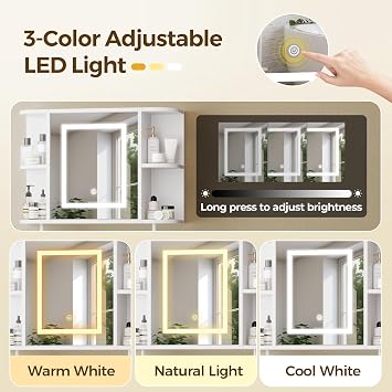 MAHANCRIS Bathroom Wall Cabinet with Mirror, Mirrored Medicine Cabinet with LED Light and Open Shelves, Wall Mounted Over Toilet Storage Cabinets with Adjustable Shelf, 21.7L x 6.7W x 18.1H, White