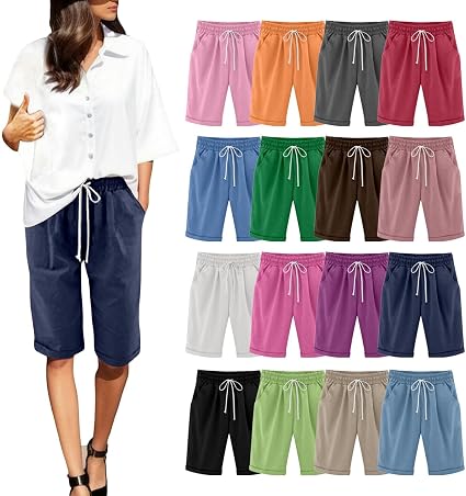 Godoboo Sommerhose Damen – 3/4 Baumwoll-Leinen-Shorts Mit Kordelzug, Taschen, High Waist – Locker & Atmungsaktiv